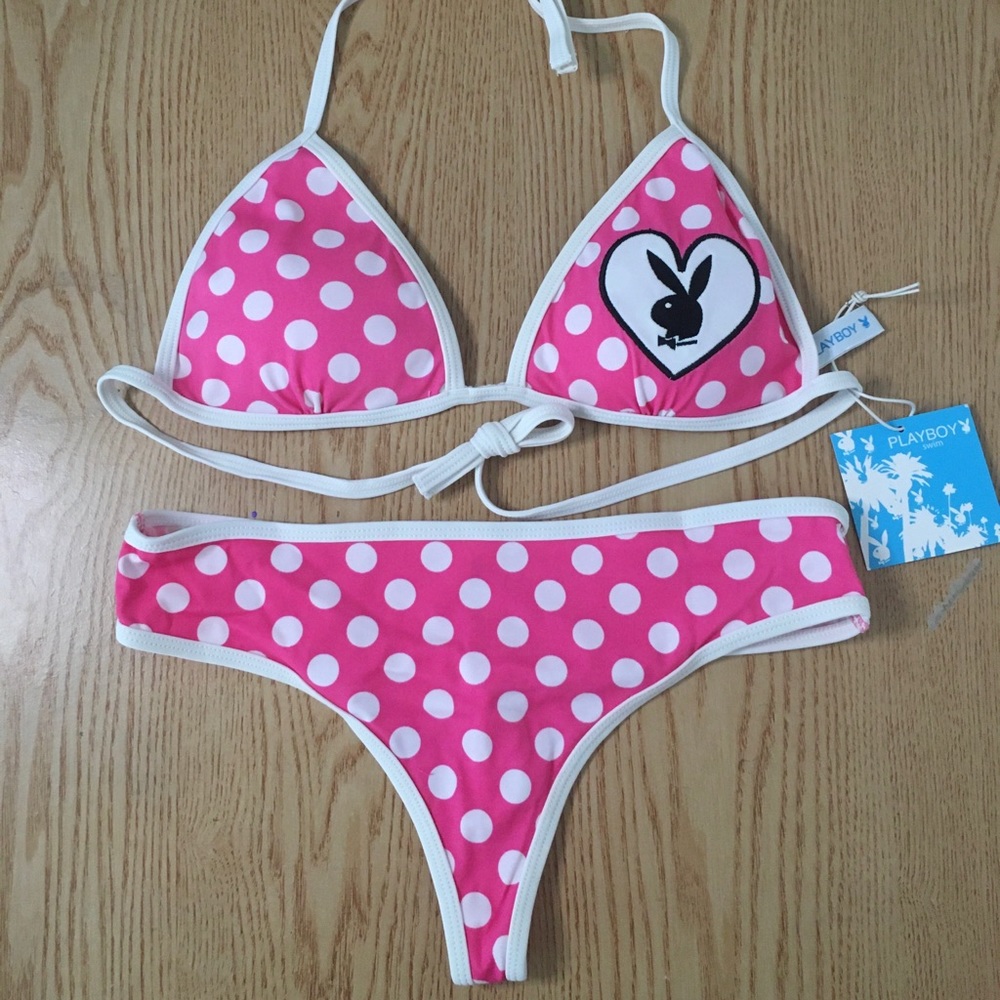 New 2pc Sexy Vintage Playboy Polka Dot Thong Swimsuit Bikini Size Large & XL - Picture 2 of 14